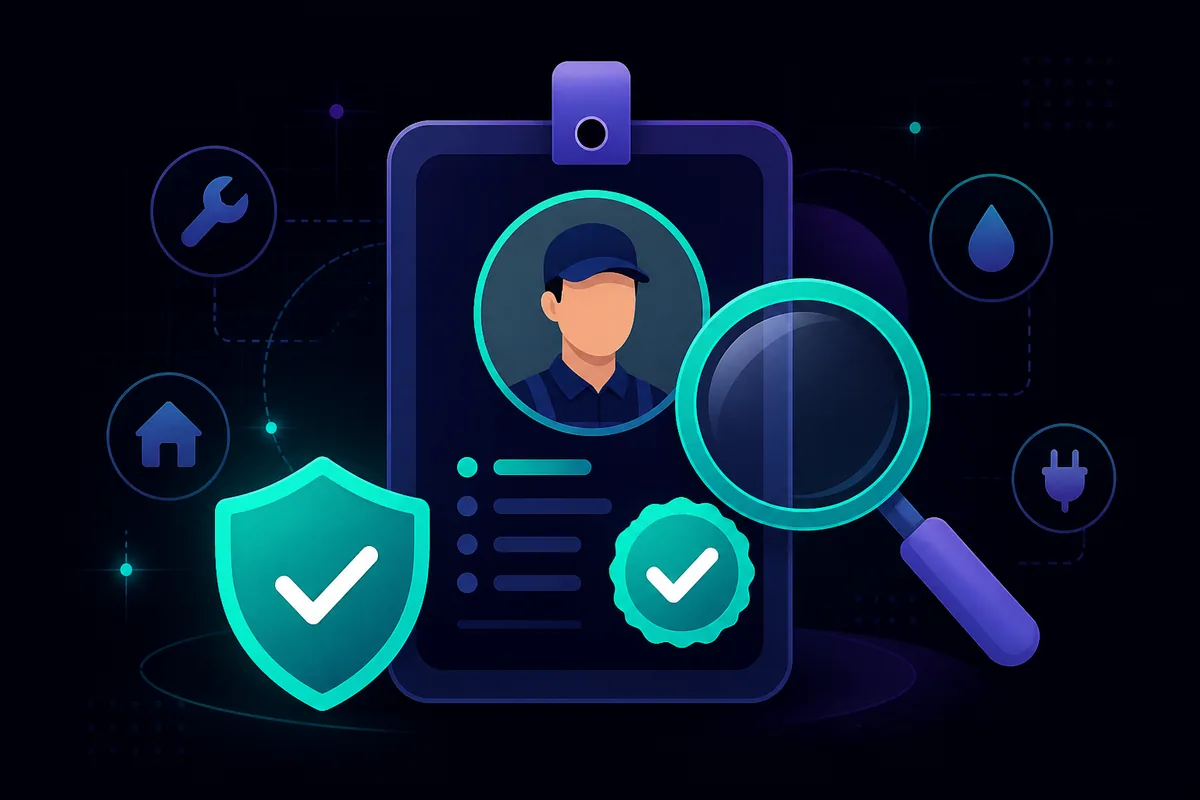 5 signs a home service pro is actually verified — ID badge, checkmark, and magnifying glass for background-checked contractors