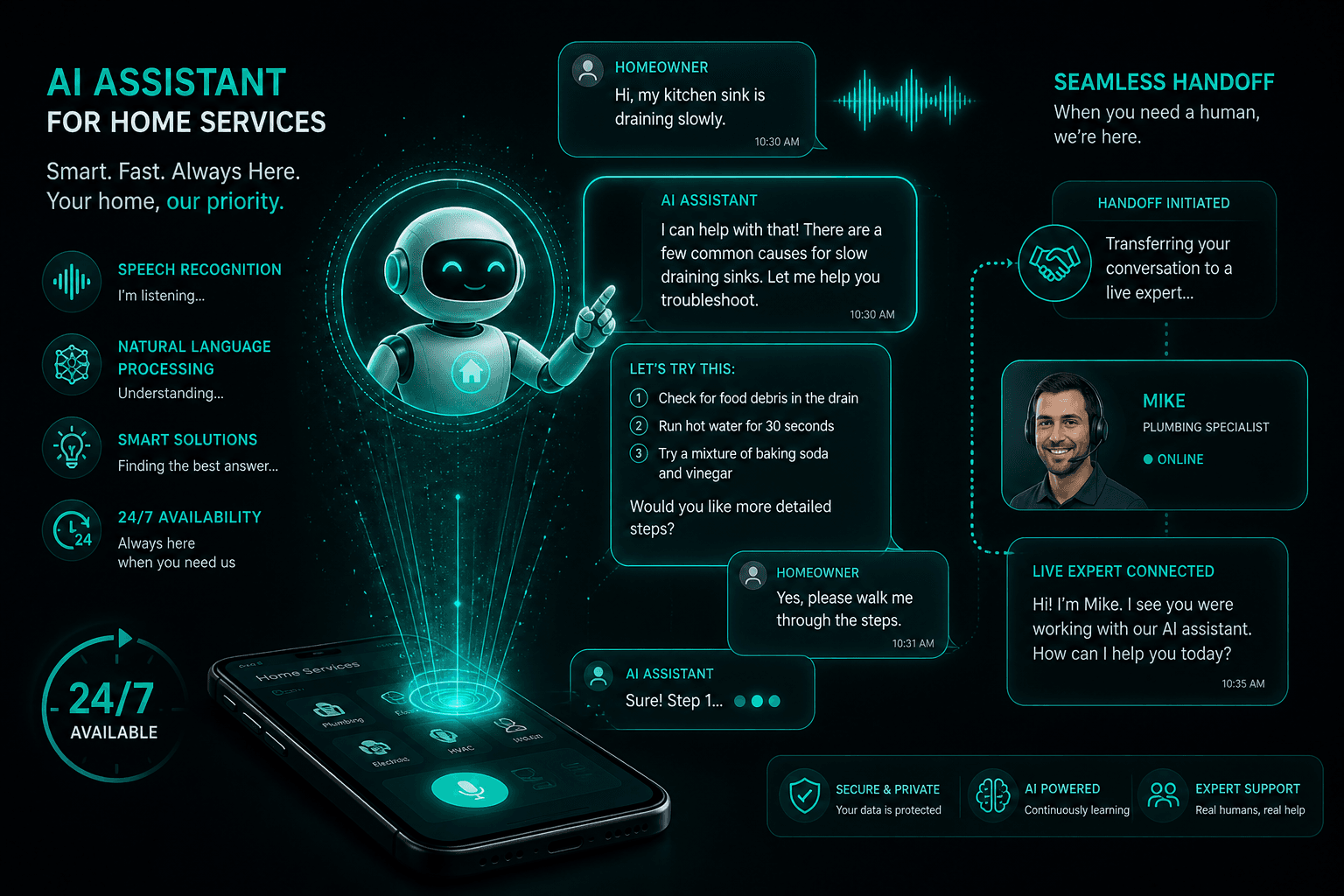 AI chatbots for home service support — conversational assistant helping homeowner troubleshoot and book repairs