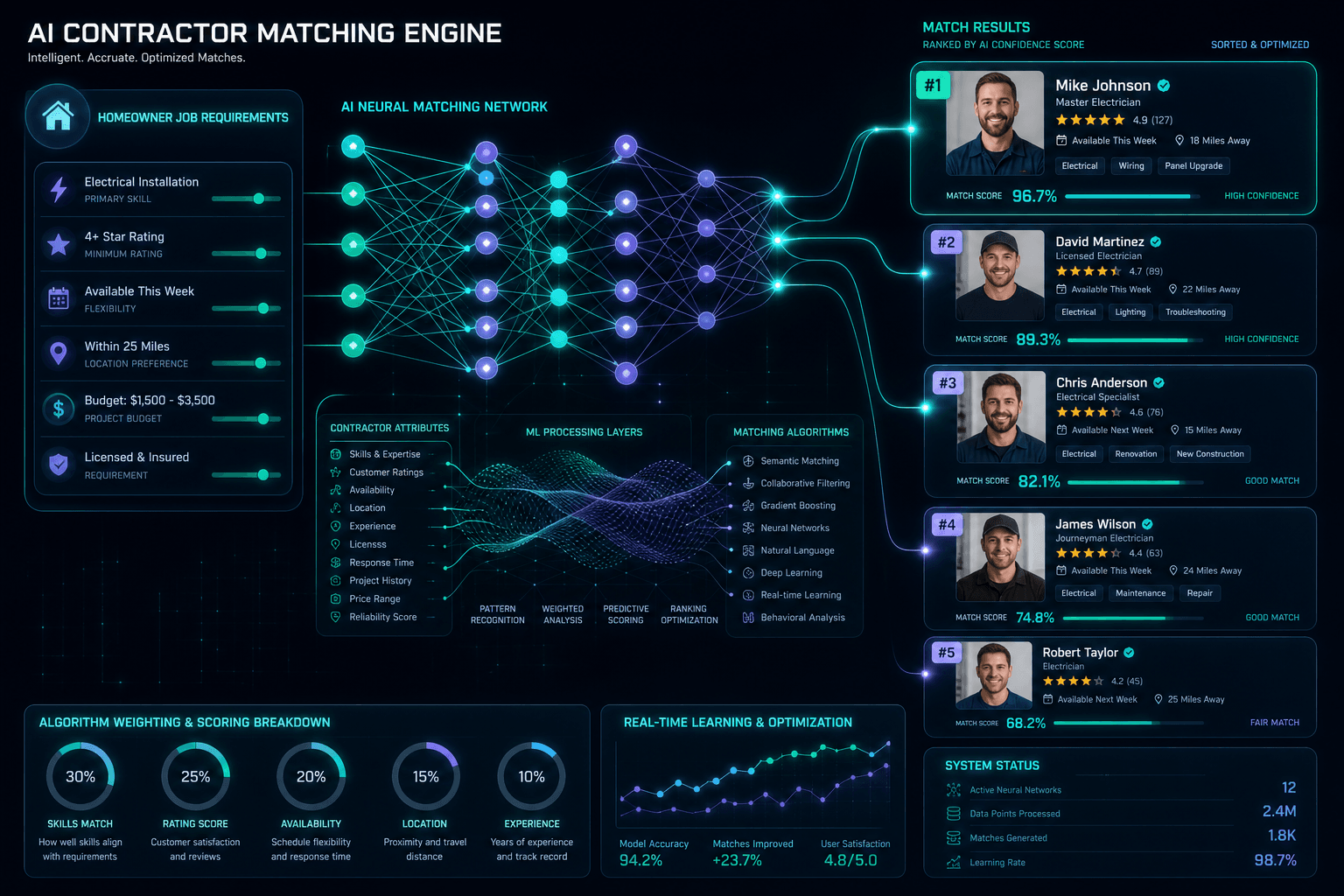 AI contractor matching algorithm — neural network analyzing skills, availability, and preferences to find perfect matches