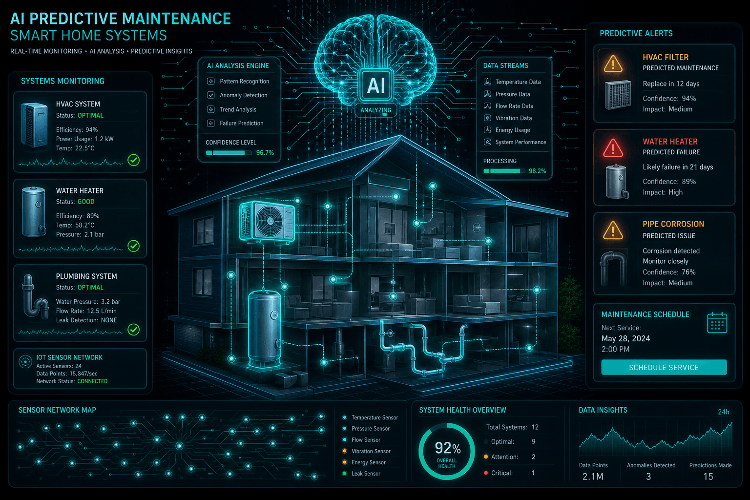 AI predictive maintenance for homes — smart sensors and algorithms predicting HVAC, plumbing, and appliance failures