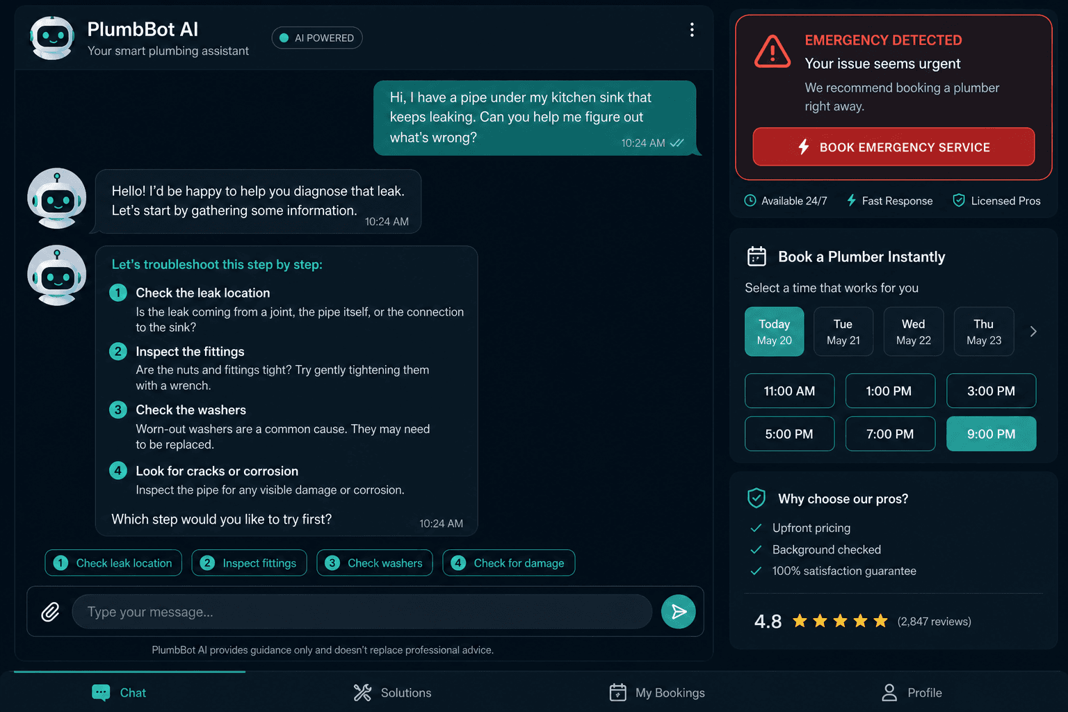AI chatbot conversation helping homeowner diagnose a plumbing issue and book emergency service