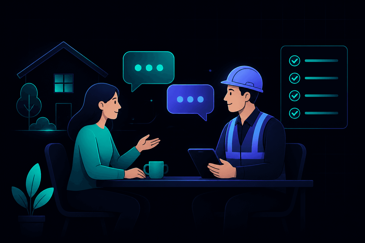 Illustration of a homeowner interviewing a contractor with speech bubbles and a checklist between them
