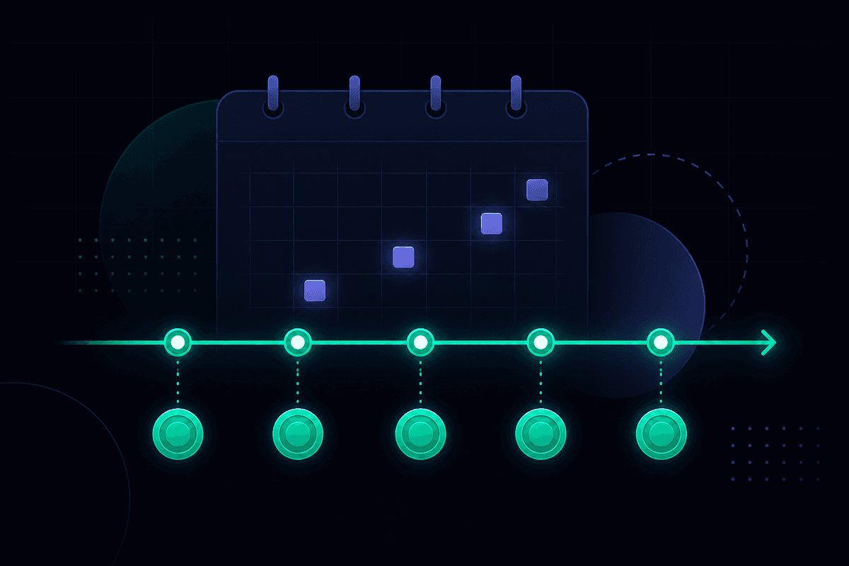 Illustration of a project payment schedule shown as a milestone timeline with coins and a calendar