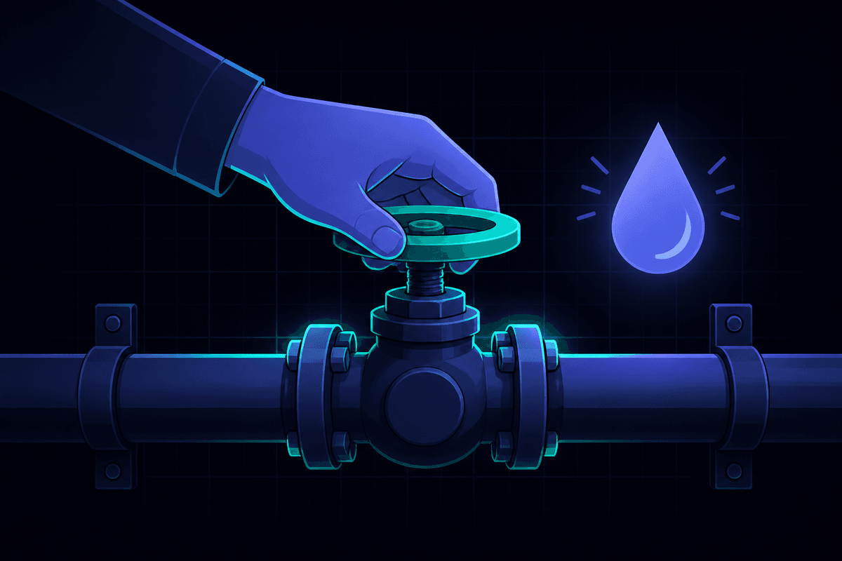 Illustration of a hand turning a main water shut-off valve on a pipe with a water droplet
