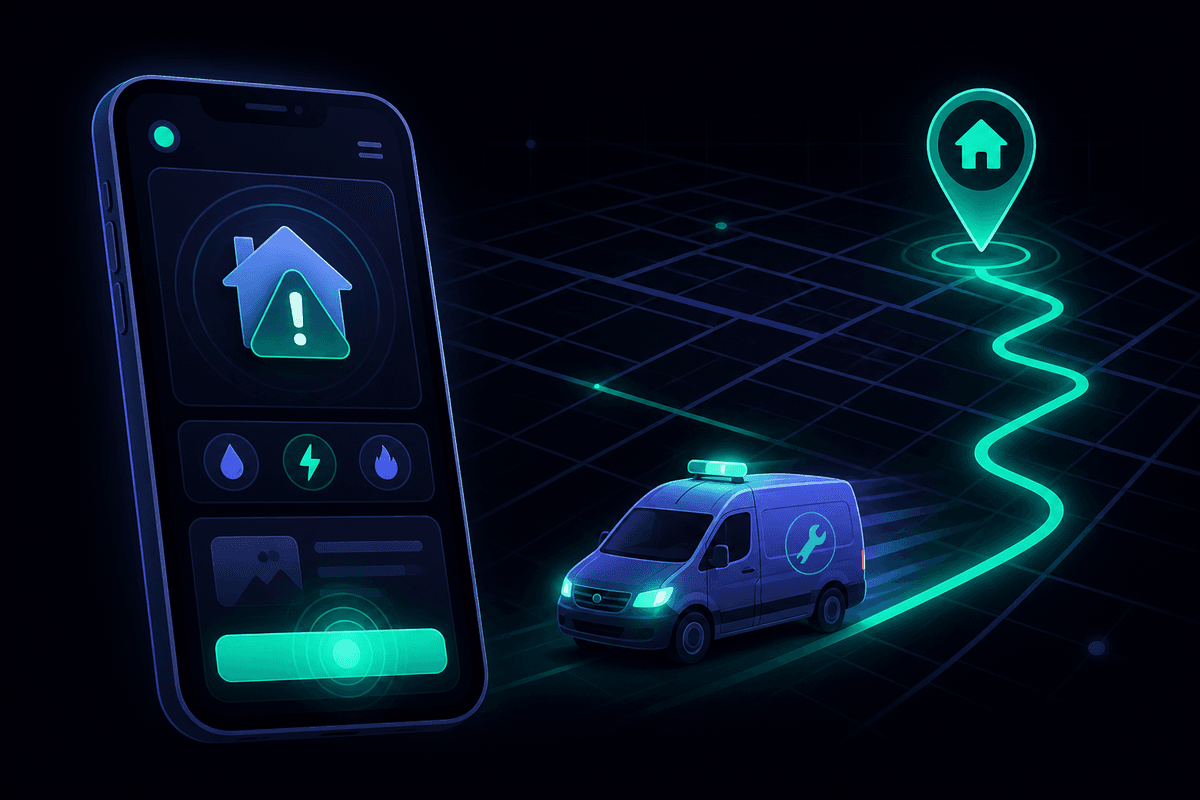 Illustration of an urgent home job posted on a phone with a service van en route on a map