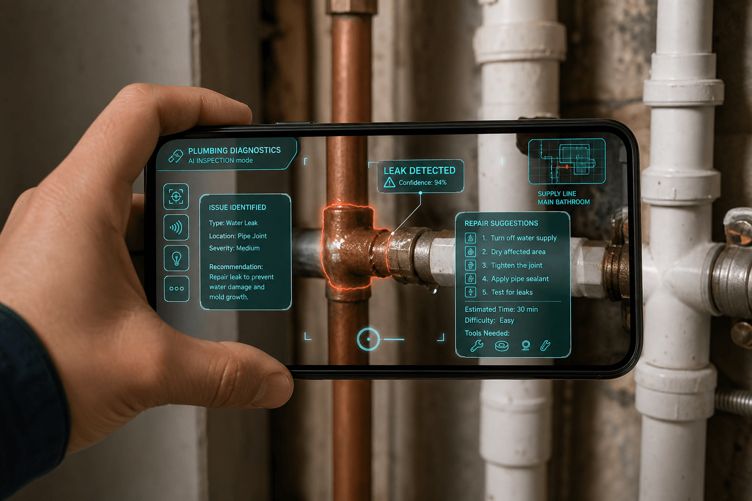 Augmented reality overlay on a smartphone showing AI-identified plumbing issue with repair suggestions