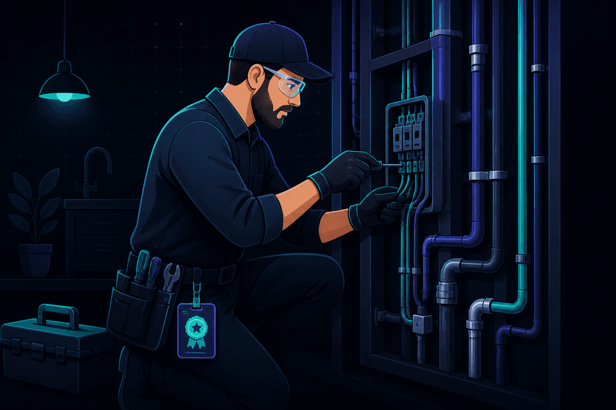 Illustration of a licensed specialist with a certification badge working on exposed wiring and pipes