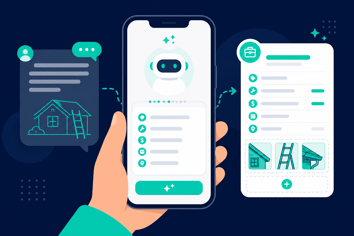 AI job composer on a smartphone turning a plain-language home repair description into a structured job post with photo icons