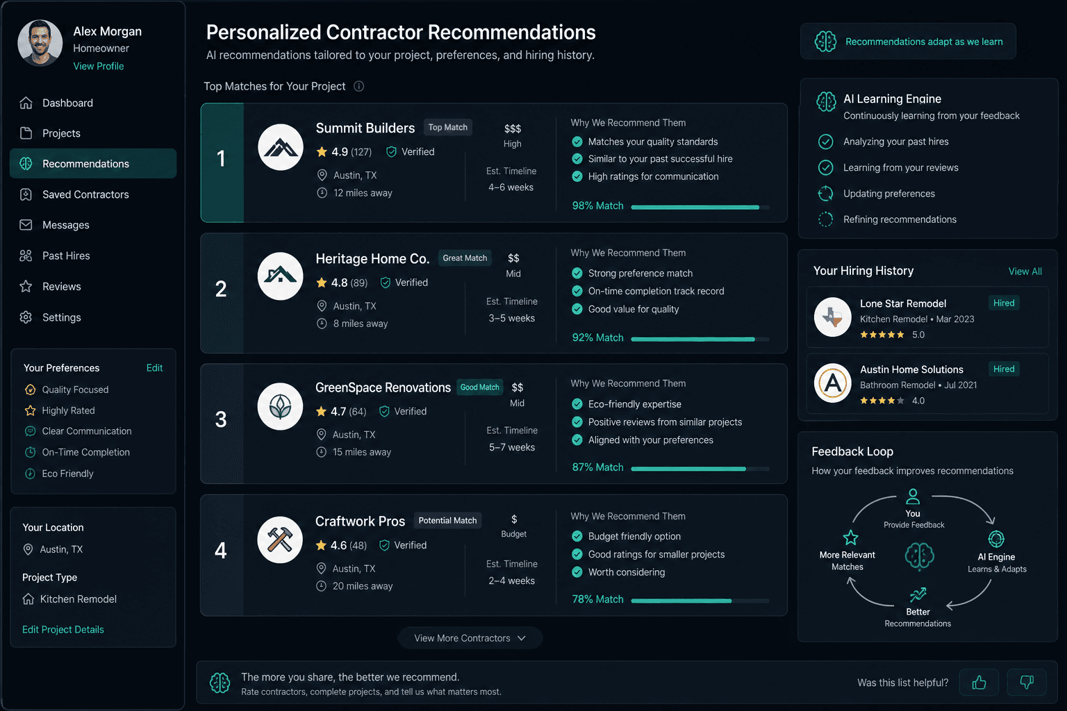 Personalized contractor recommendations adapting based on homeowner's past hiring patterns and feedback