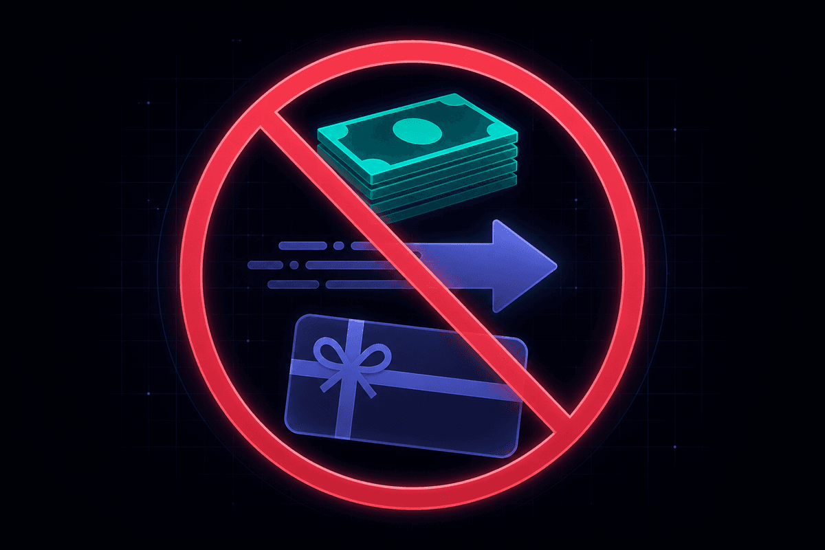 Illustration of cash, a wire transfer, and a gift card behind a red no-entry prohibition symbol