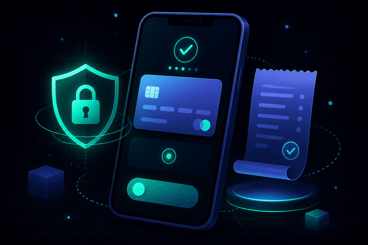 Illustration of a smartphone showing a secure payment screen with a credit card, padlock shield, and digital receipt