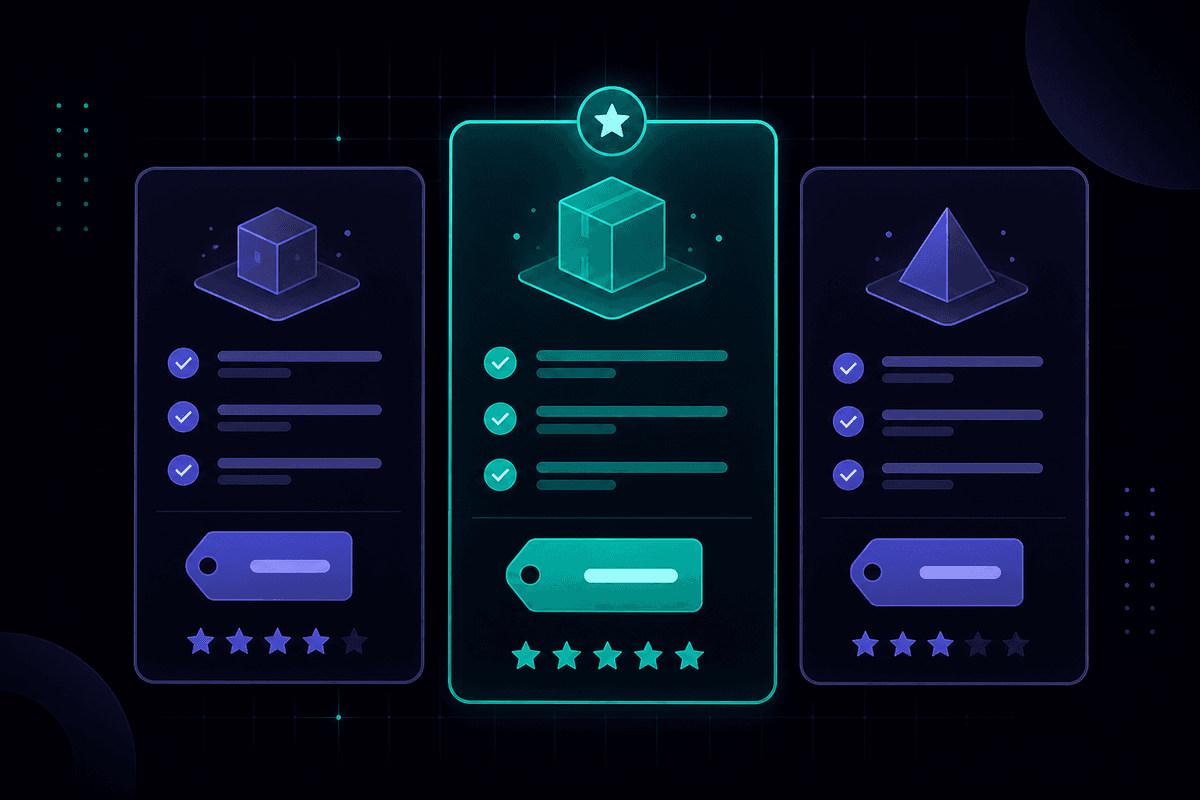 Illustration of three plumber request cards compared side by side, each with a price and rating