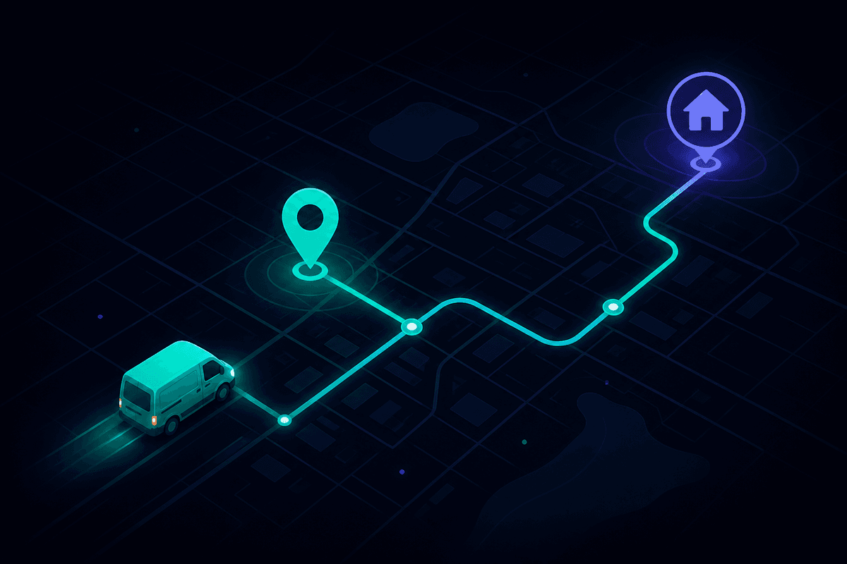 Illustration of a map with a route and location pin showing a service van heading toward a house