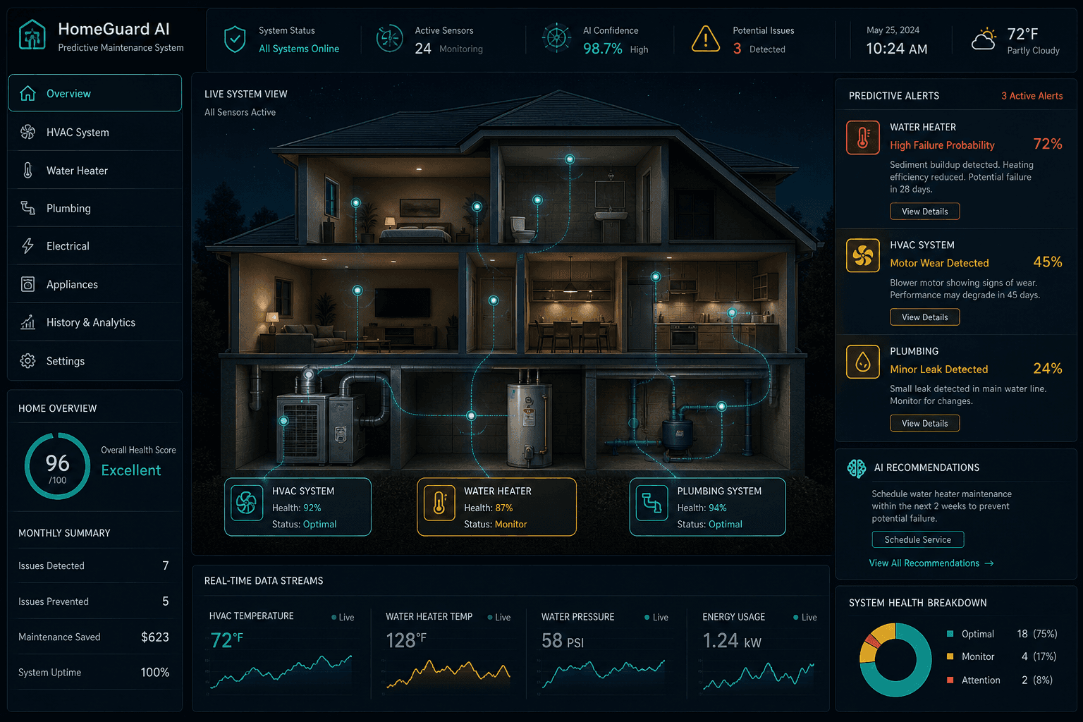 Dashboard showing AI monitoring multiple home systems with predictive alerts for maintenance needs