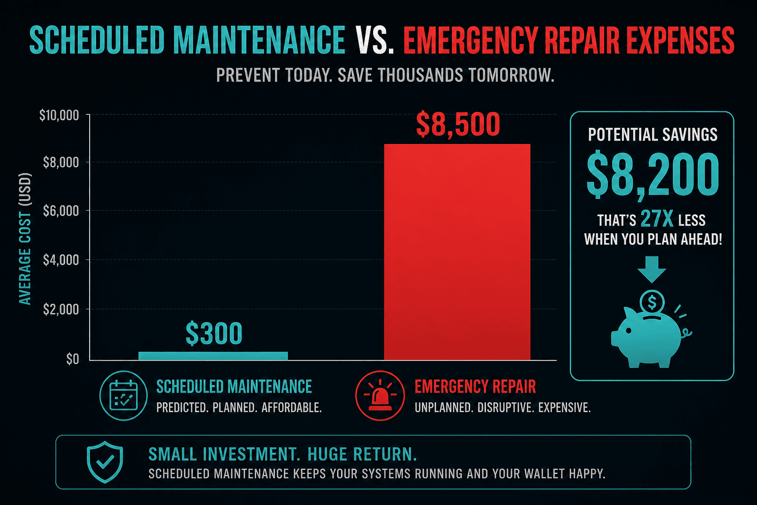 Cost comparison chart showing scheduled maintenance versus emergency repair expenses