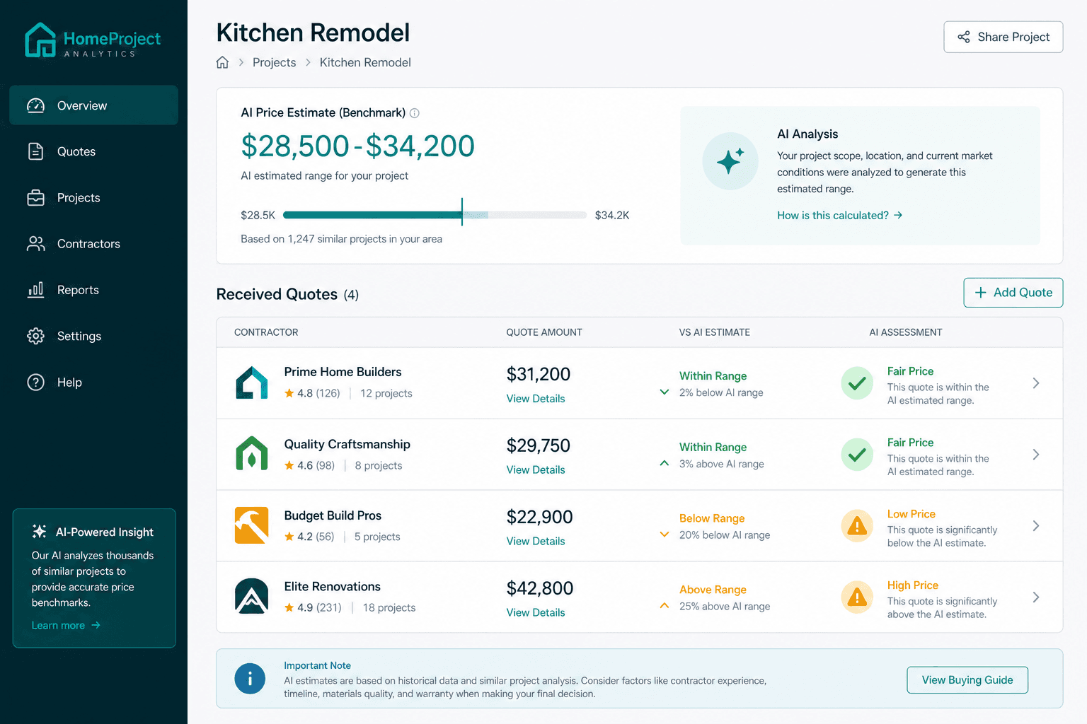 Homeowner reviewing contractor quotes with AI price estimate range displayed for comparison