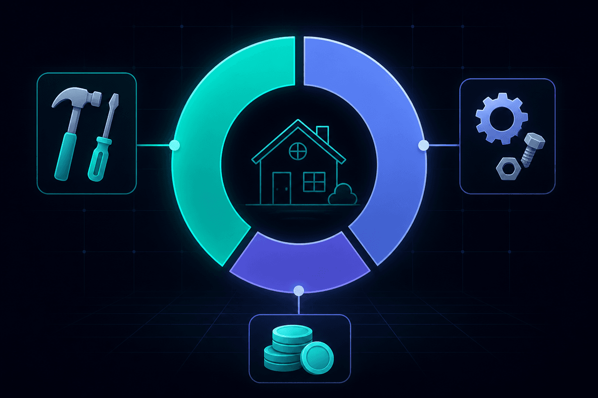 Illustration of a home-repair cost breakdown as a segmented donut split into labor, parts, and prep