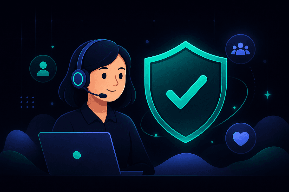 Illustration of a trust and safety support agent wearing a headset beside a large shield with a checkmark
