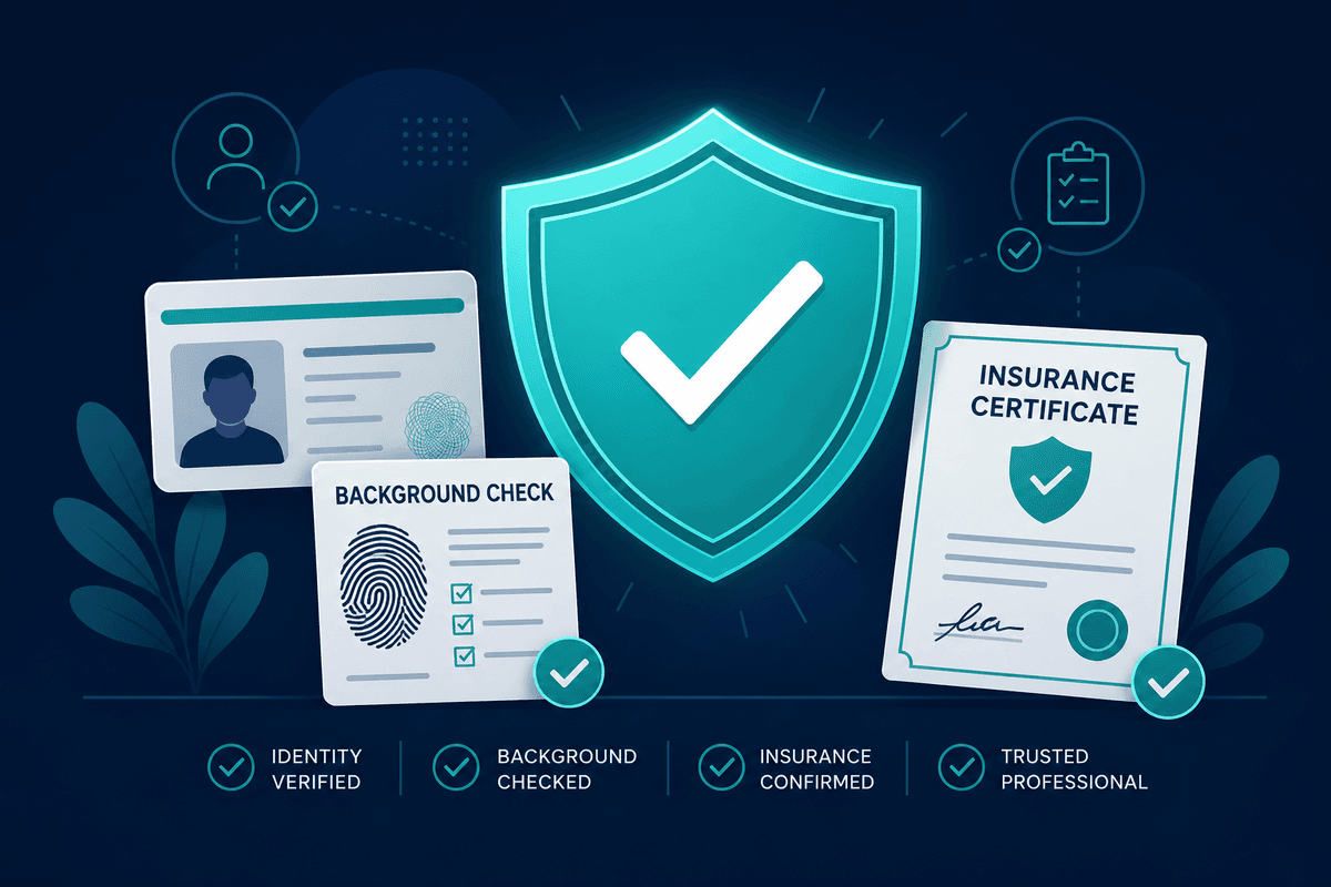 Contractor verification checklist with government ID, background check fingerprint report, insurance certificate, and teal shield checkmark