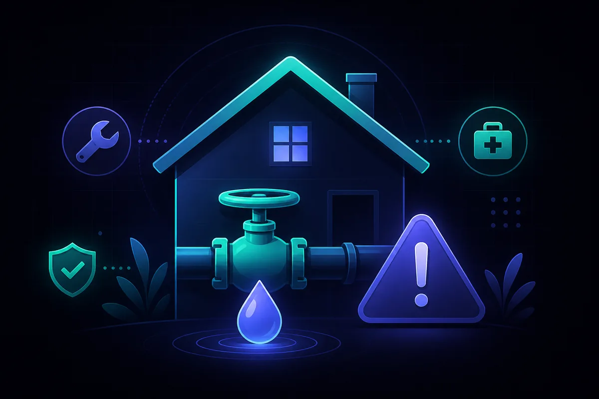 Emergency home repairs what to do before the pro arrives — house, water shut-off valve, warning triangle, and droplet