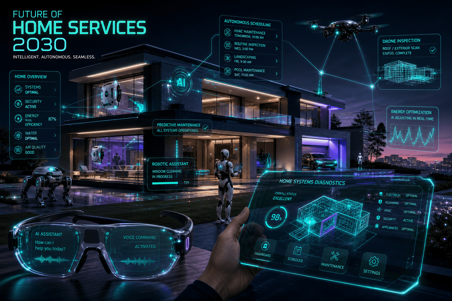 Future of home services AI 2030 — futuristic smart home with augmented reality repairs and robotic assistants