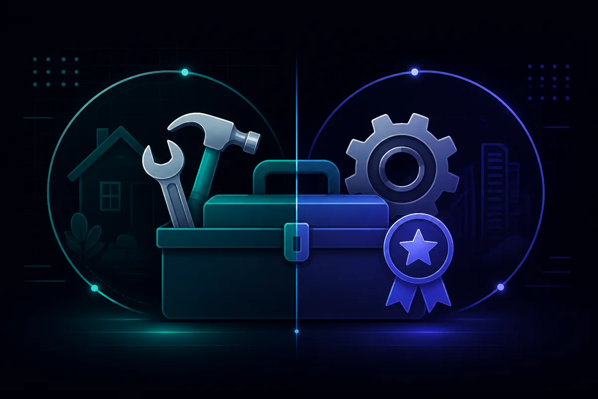 Handyman vs specialist who should you hire — toolbox compared with a certified specialist gear badge