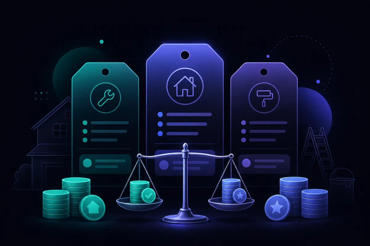 Homeowner's guide to fair pricing for common home repairs — quote cards on a balance scale with coins