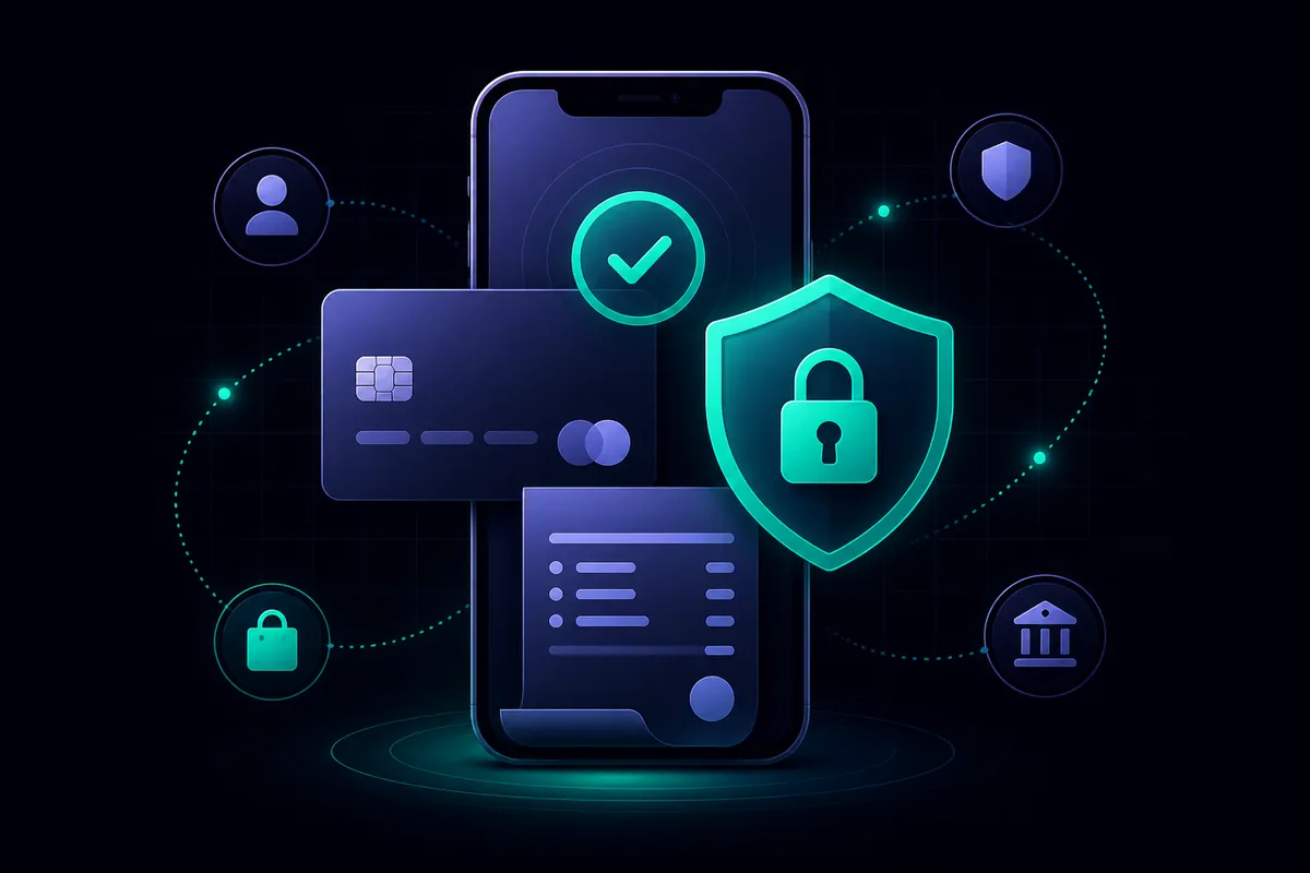 How in-app payments protect you from home service fraud — smartphone, secure card, padlock, and digital receipt