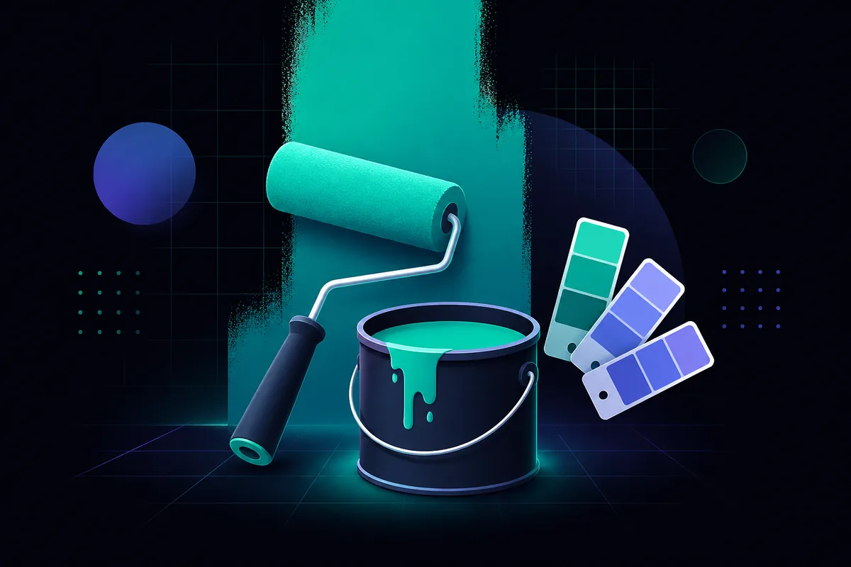 How much does it cost to paint a room in 2026 — paint roller, open paint bucket, and color swatch chips