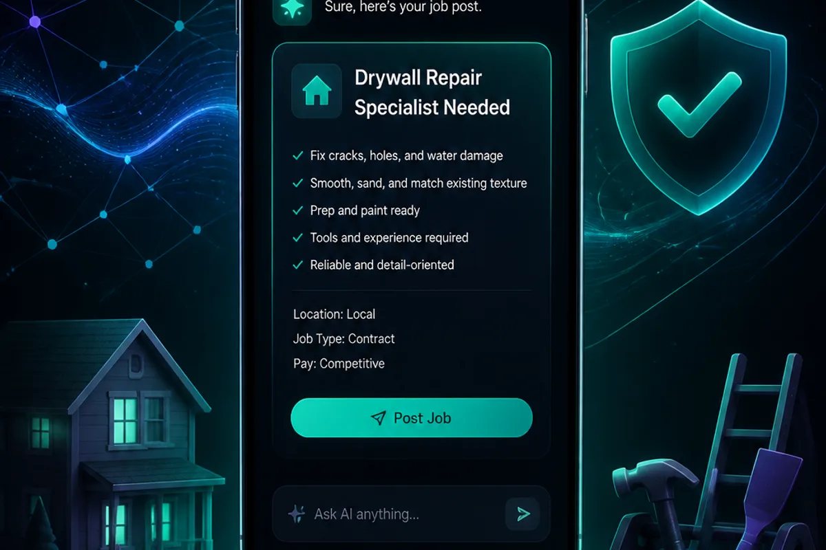 How RealPro.one is AI-first — smartphone AI job composer with teal neural sparkles drafting a home service request