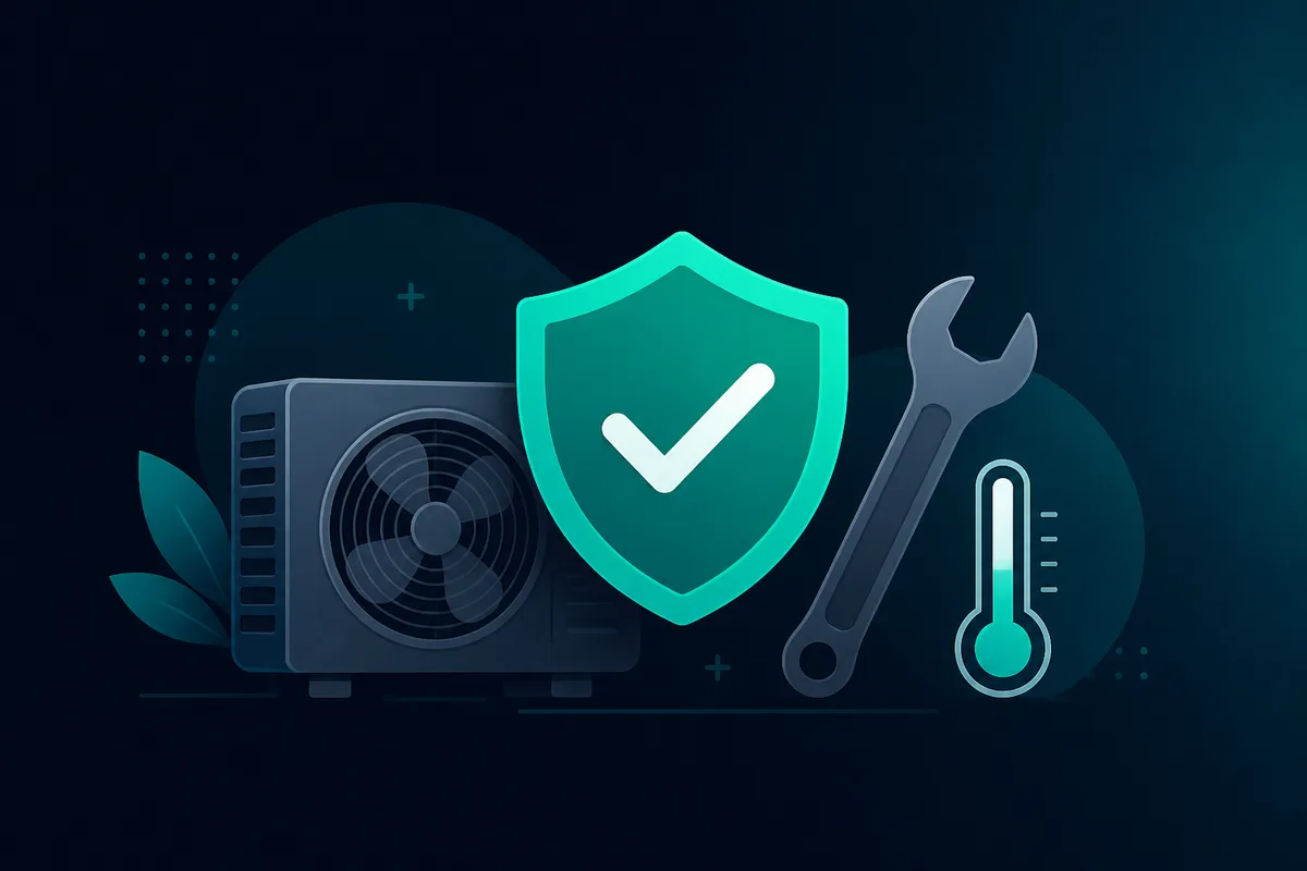 How to hire an HVAC technician — teal verified shield, air conditioner unit, thermometer, and wrench icons for trusted AC repair