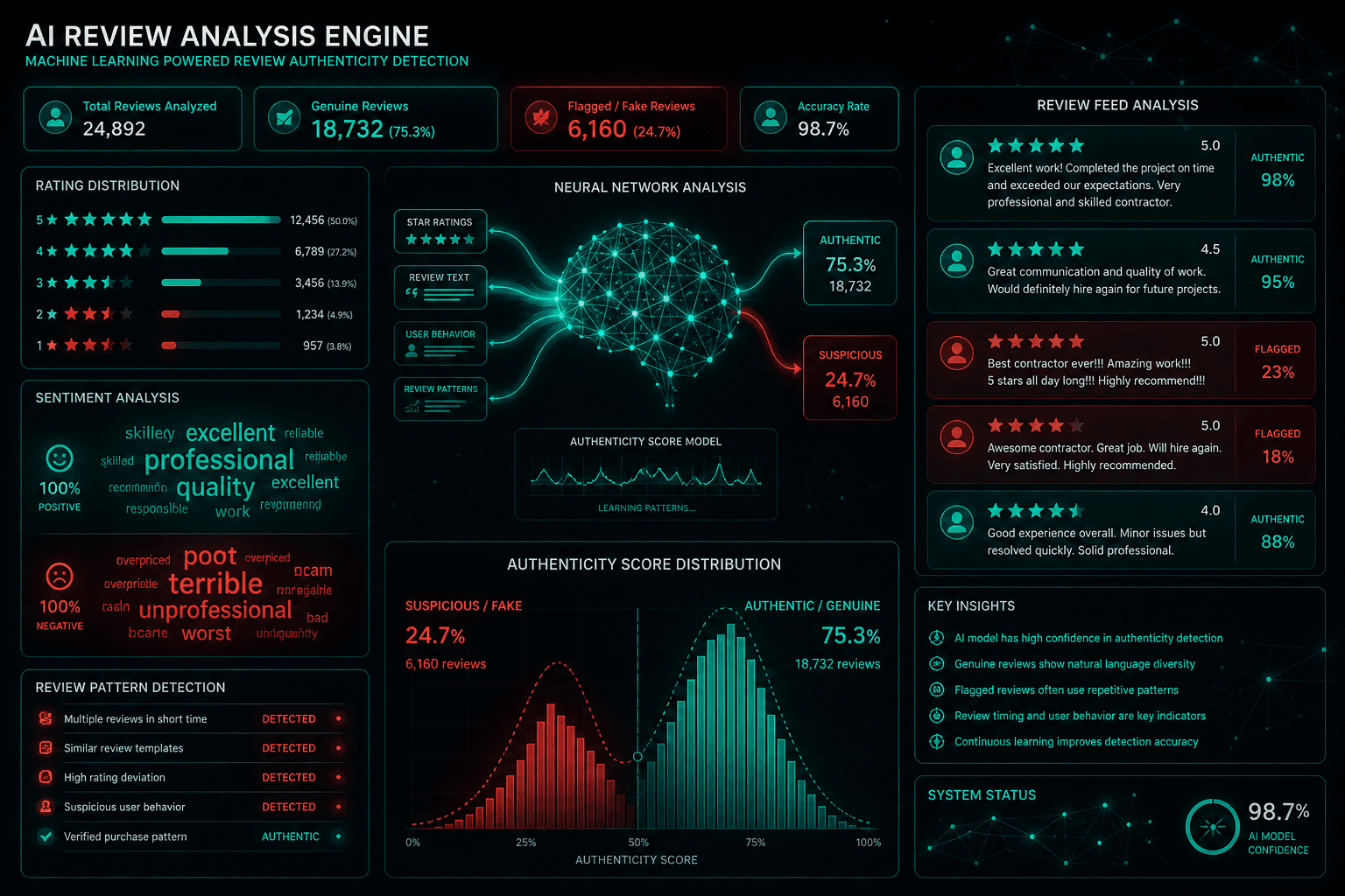 Machine learning analyzing contractor ratings — AI filtering fake reviews and surfacing authentic feedback