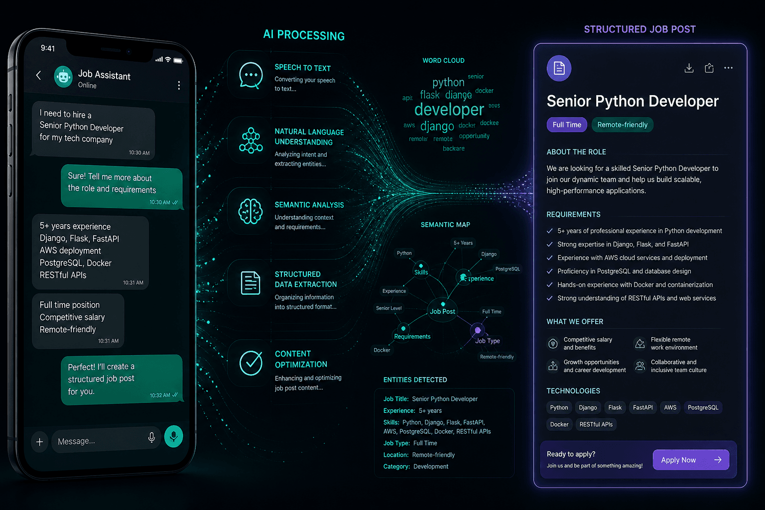 Natural language job posting with AI — homeowner describing repair needs conversationally while AI structures the request