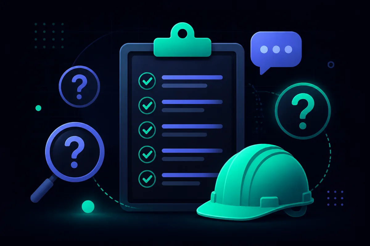 10 questions to ask before hiring a contractor — clipboard checklist, magnifying glass, and hard hat