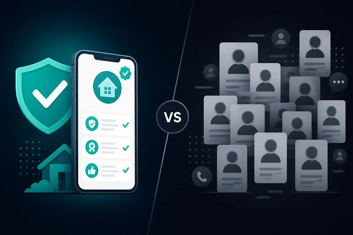RealPro vs Angi for homeowners — verified teal shield and smartphone checkmarks contrasted with a crowded lead marketplace of anonymous profiles