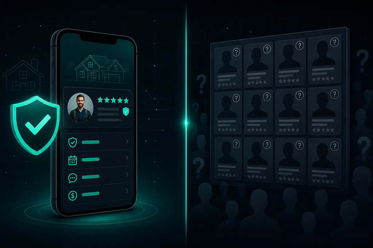 RealPro vs Thumbtack for homeowners — verified pro app with shield checkmark compared to a crowded lead marketplace of anonymous profiles