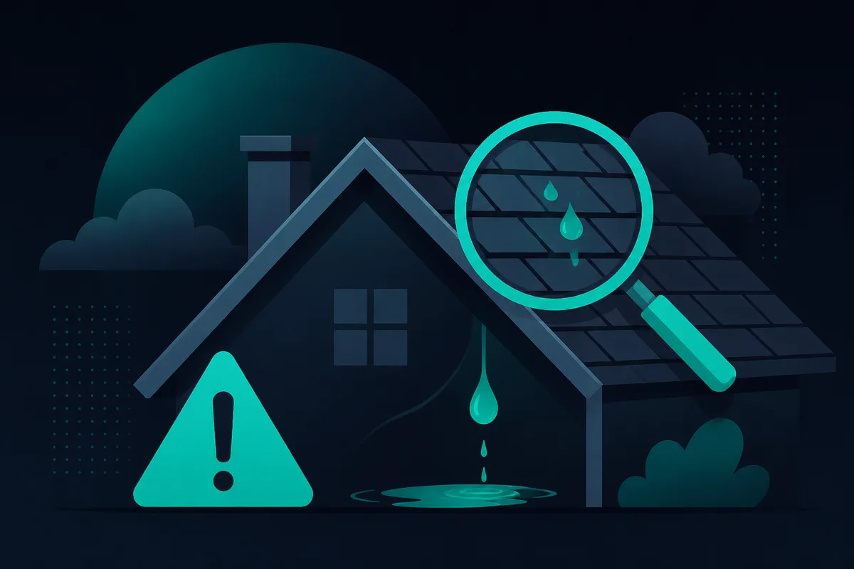 Roof leak warning signs — house roof silhouette, water droplet, warning triangle, and magnifying glass inspecting shingles