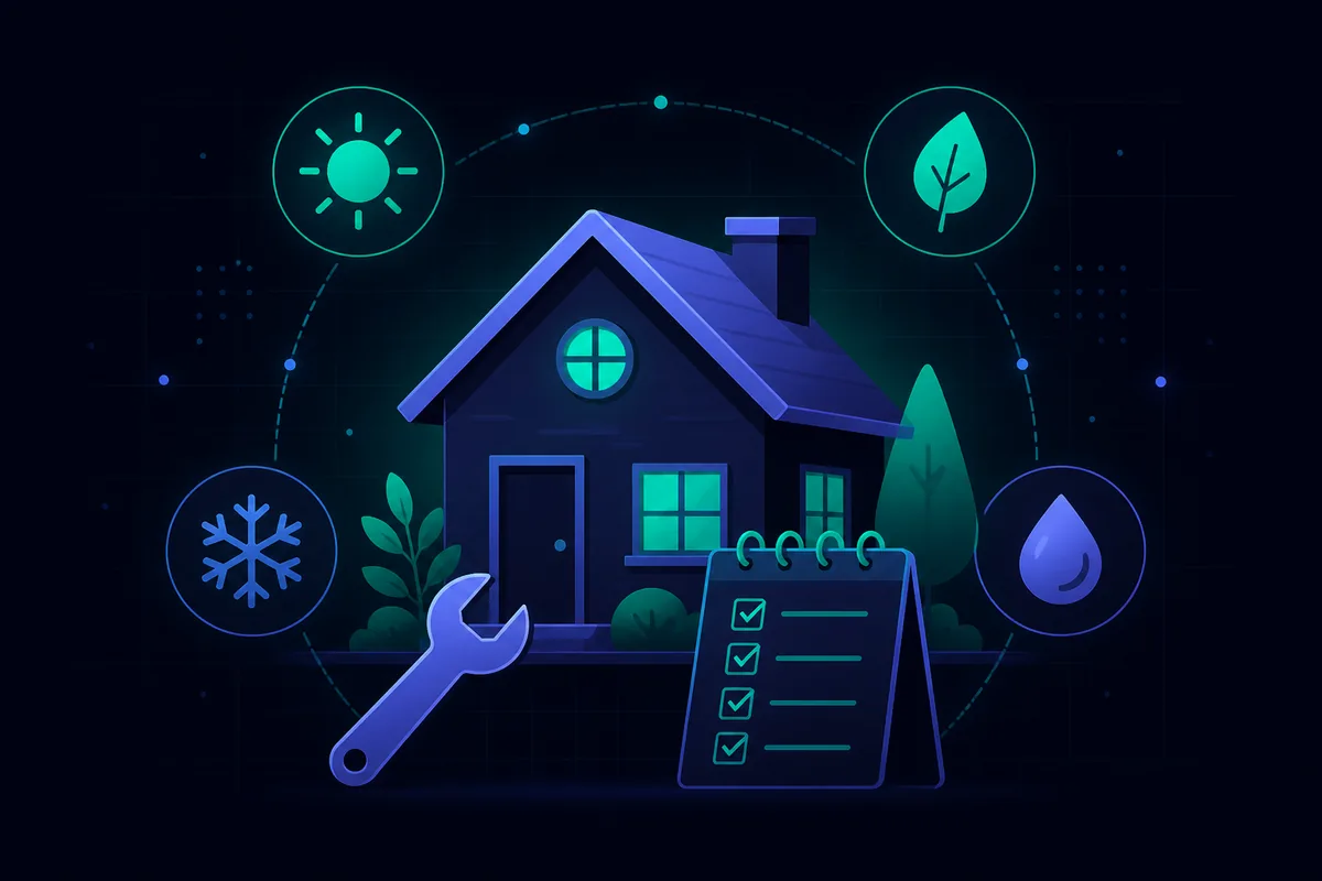 Seasonal home maintenance checklist for homeowners — house with seasonal icons, wrench, and task list