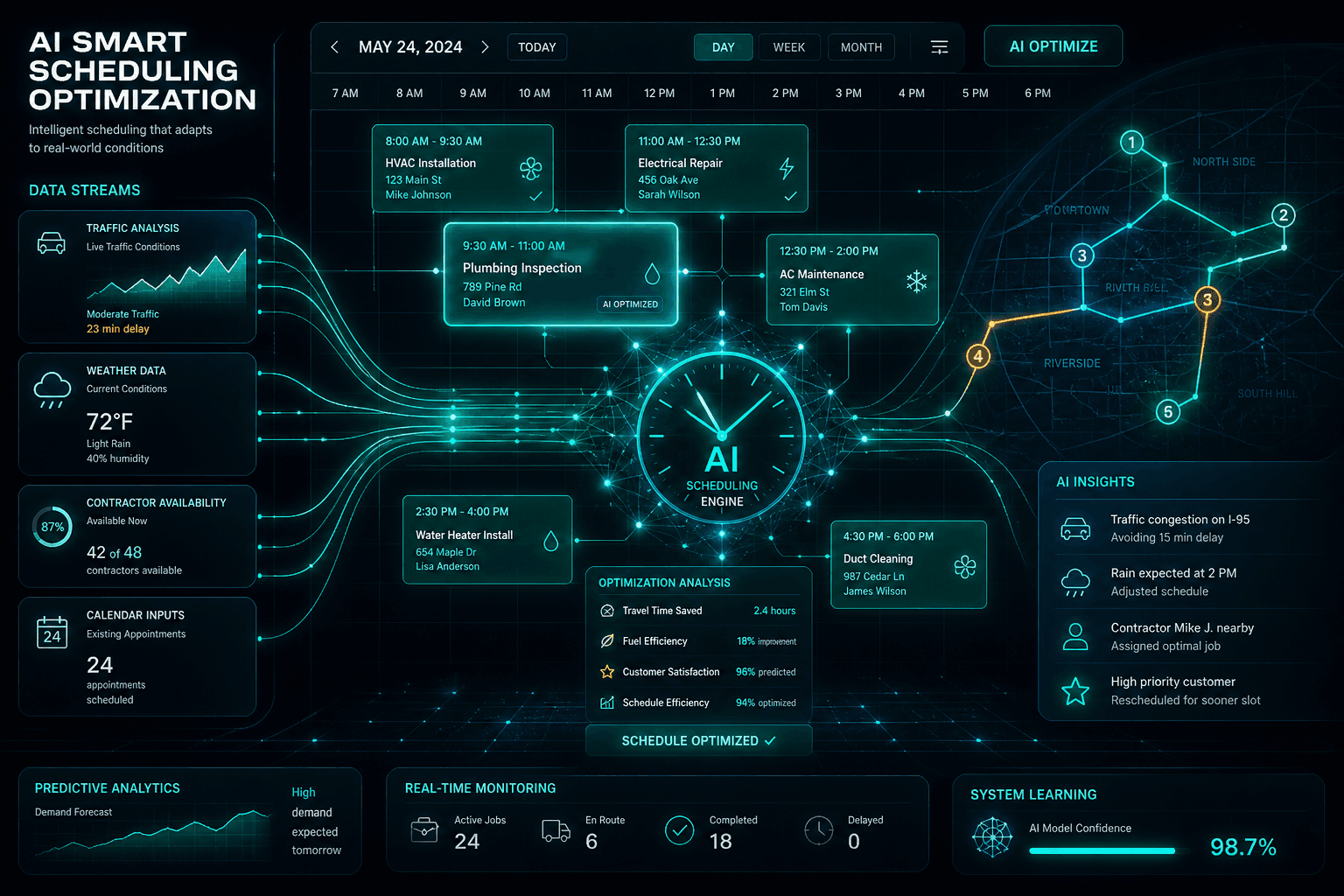 Smart AI scheduling for home services — algorithm optimizing appointment times based on availability, traffic, and weather