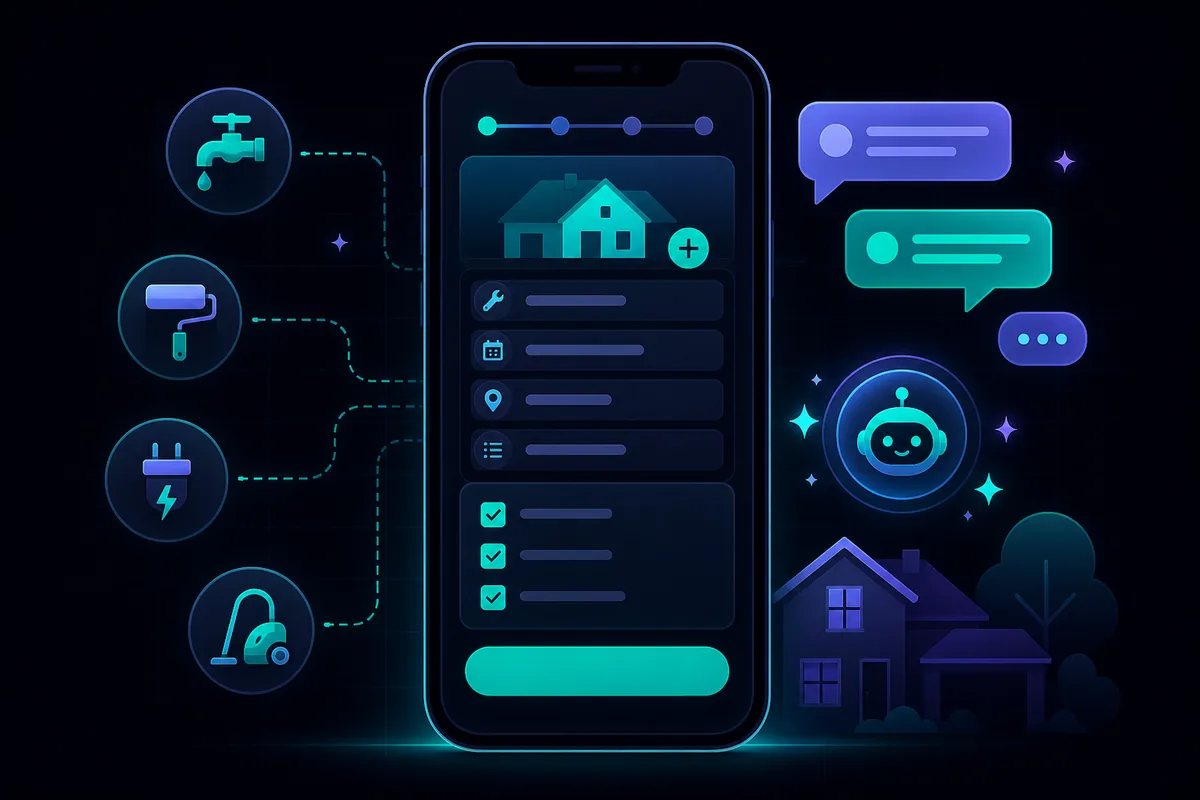 What to expect when you post a job on RealPro.one — smartphone job form, checklist, and chat with local home service pros