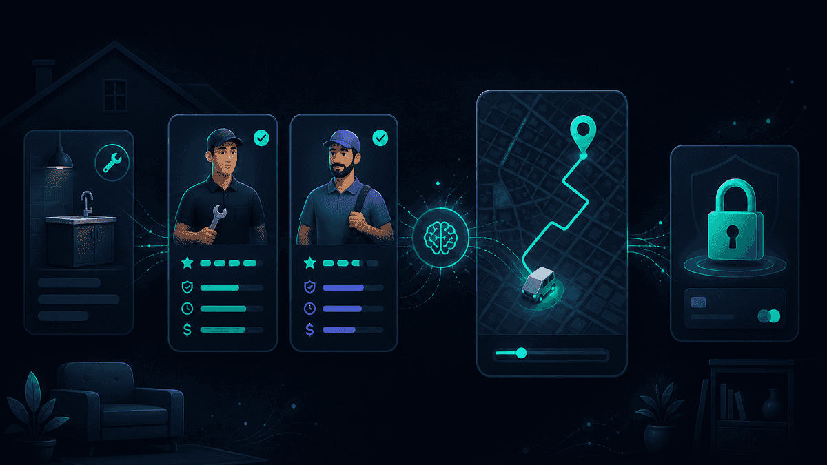 AI-assisted hiring flow showing compared verified pro requests, live tracking map pin, and secure payment padlock